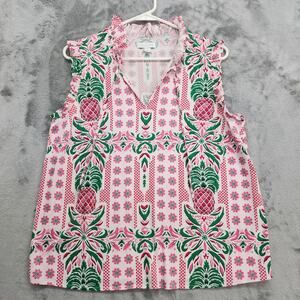 Charter Club Top Womens M Pink Green Pineapple Tropical Sleeveless Ruffles Tie